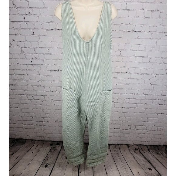 We The Free Blue 100% Cotton Denim Striped Overalls Jumpsuit Free People Large L - Picture 1 of 12